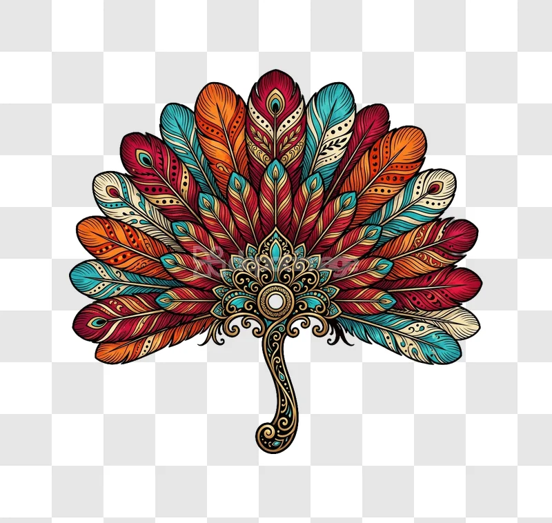 Colorful Feather Fan Ornate Mandala Vector Art intricate gold turquoise detailed