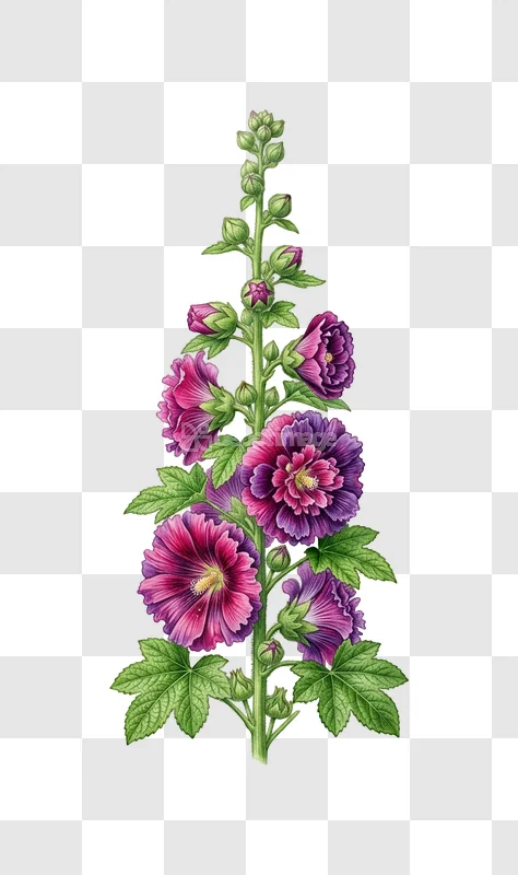 Colorful Hollyhock Blossom Botanical Illustration