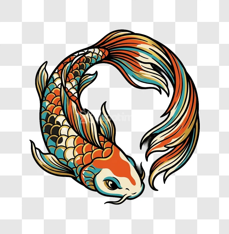 Colorful Koi Fish Circle Design vibrant orange blue gold black background