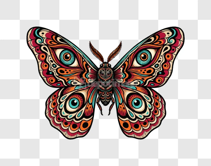 Colorful Mandala Eye Moth Illustration Psychedelic vibrant detailed artwork black background