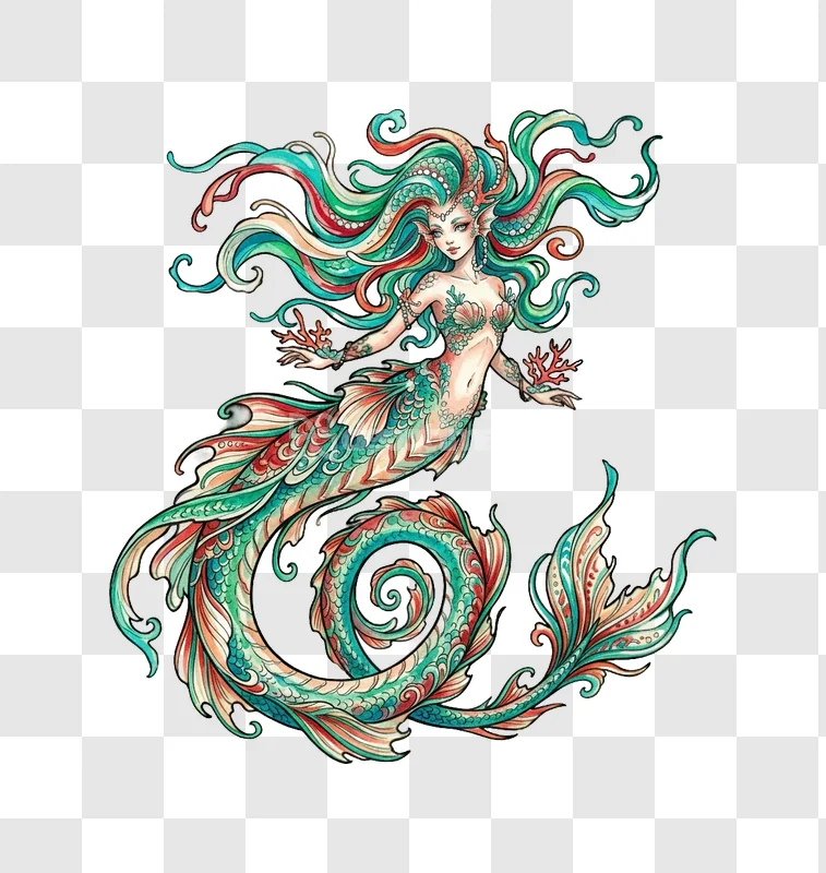 Colorful Mermaid Illustration Hand Drawn Art