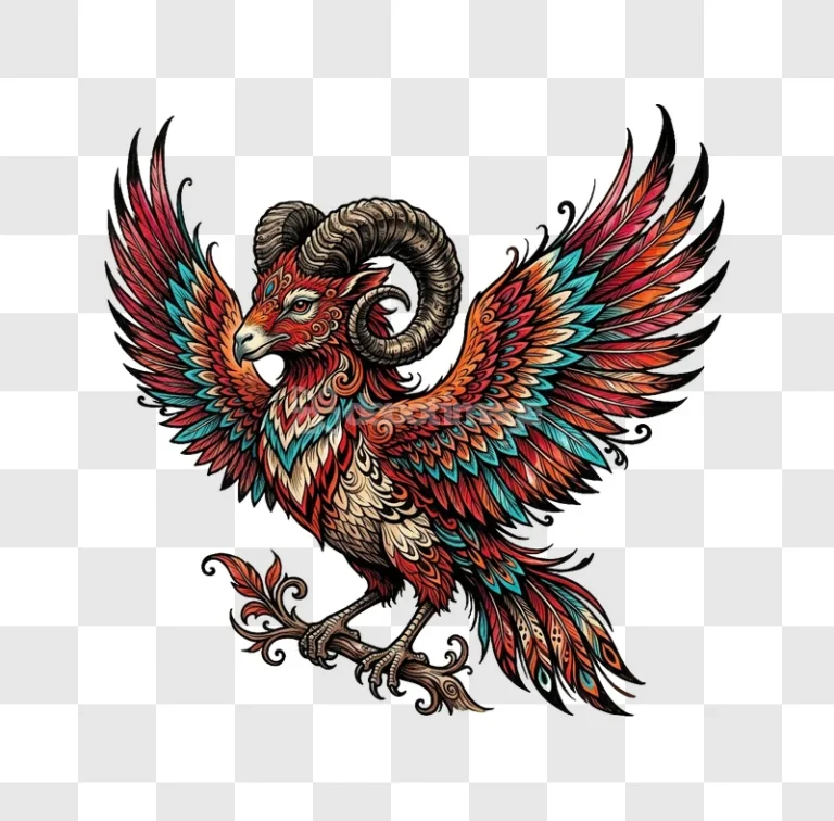 Colorful Mythical Bird Ram Horns Illustration