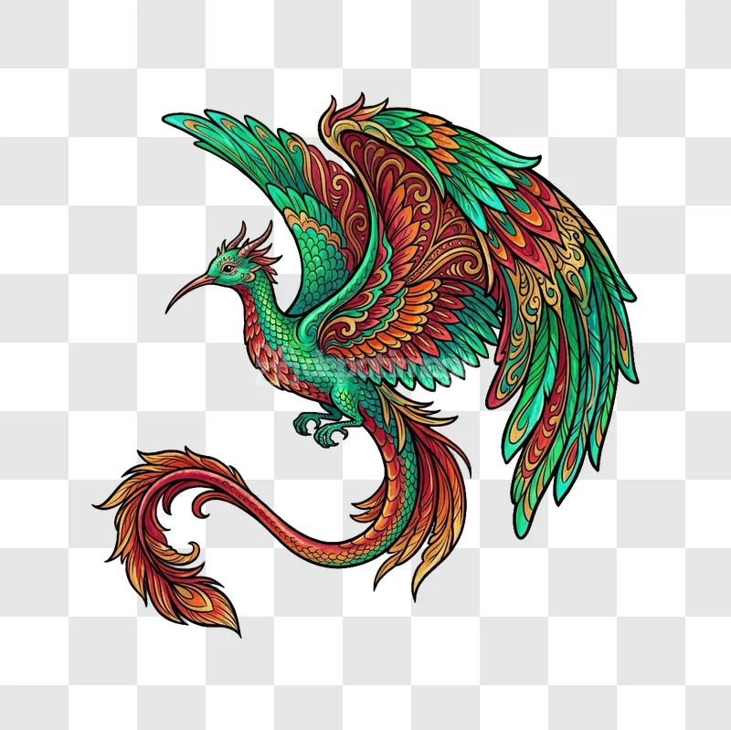 Colorful Mythical Phoenix Illustration Vibrant Wings ornate green orange red transparent