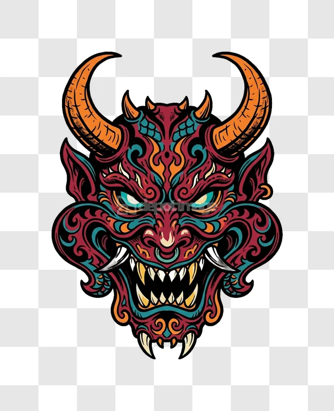 Colorful Oni Mask Japanese Demon Illustration