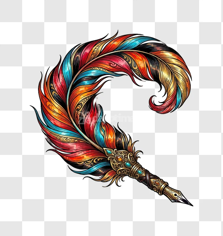 Colorful Ornate Feather Ink Pen Illustration