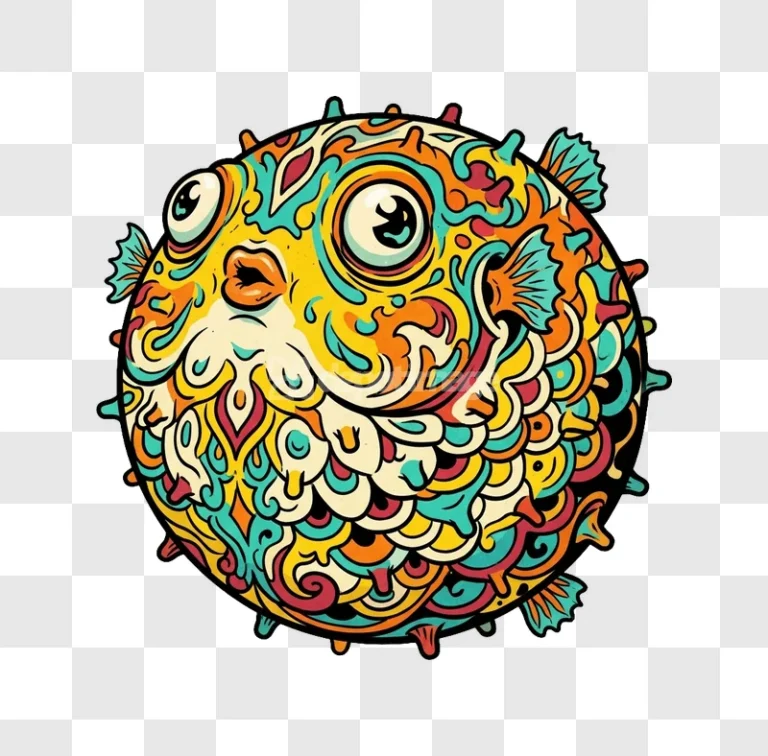 Colorful Pufferfish Psychedelic Illustration Bold