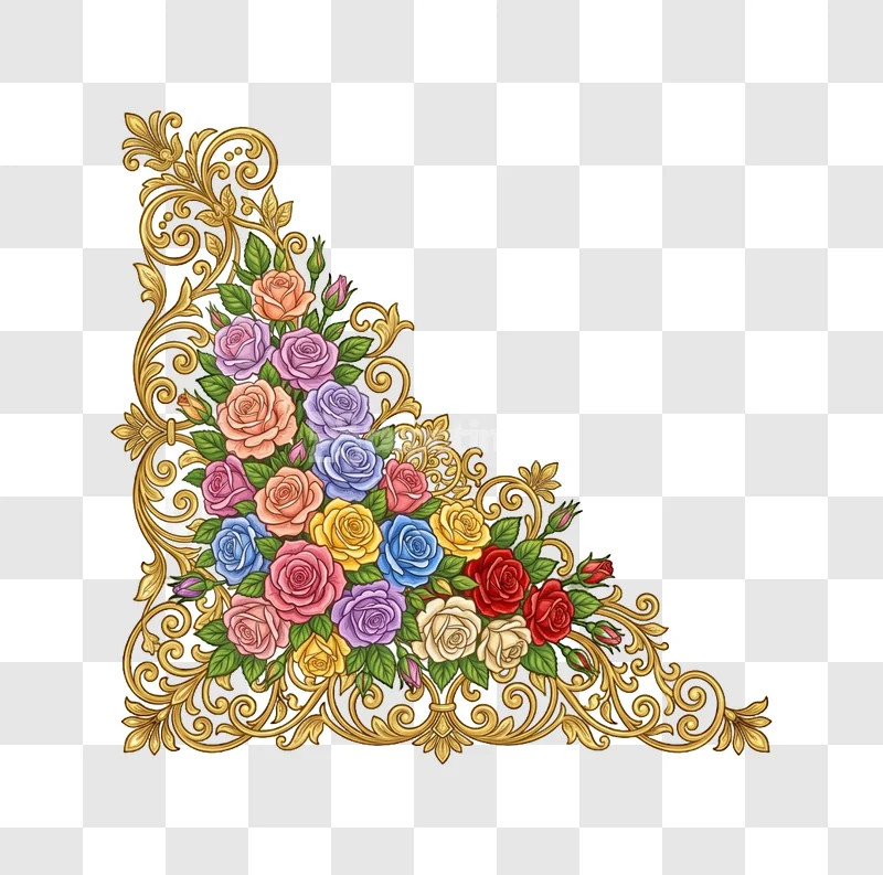 Colorful Rose Bouquet Baroque Ornament Floral golden ornate corner design