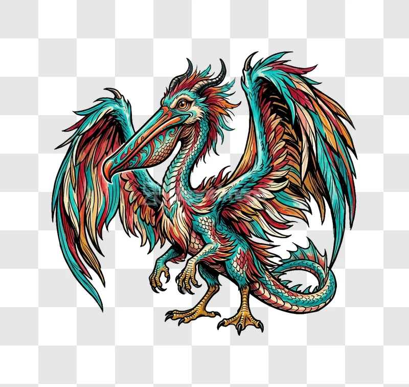 Colorful Stylized Dragon Bird Creature vibrant teal red gold intricate details