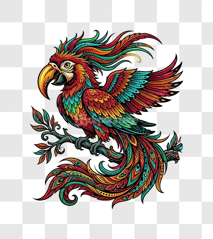 Colorful Stylized Phoenix Bird Ornate Feathers