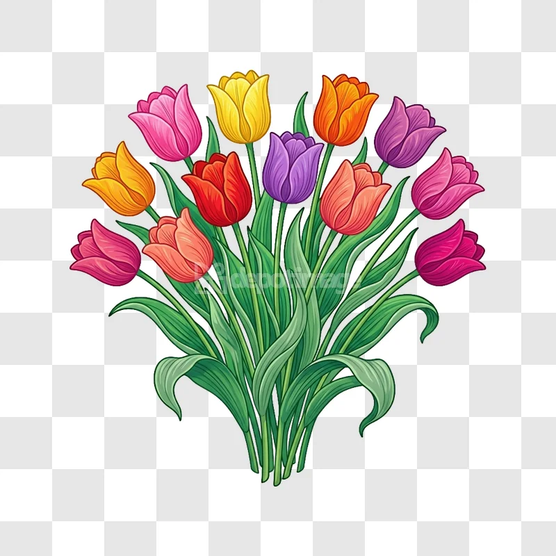 Colorful Tulip Bouquet Floral Bloom Art vibrant cartoon illustration transparent background