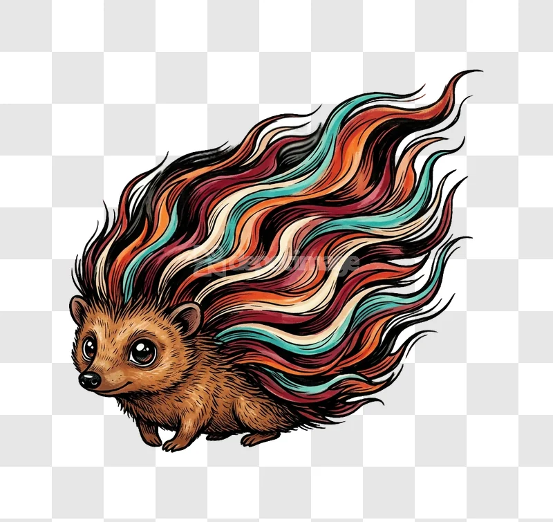 Cute Hedgehog Colorful Quills Hand Drawn Illustration vibrant colors black background