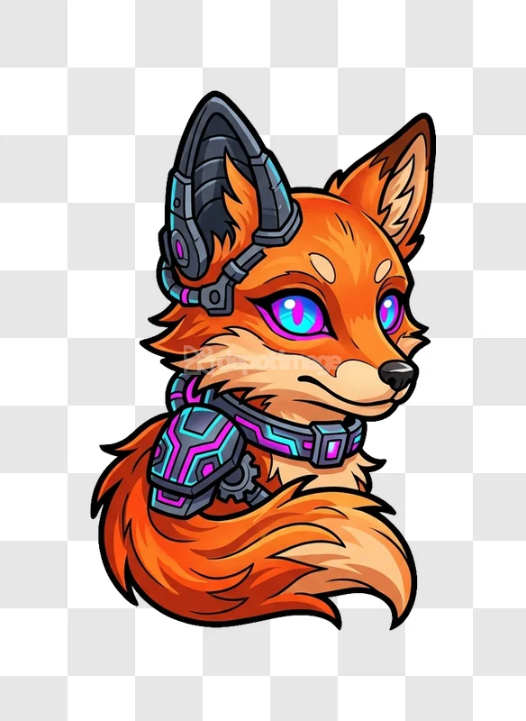 Cyberpunk Fox Head Chibi Style Glowing Eyes