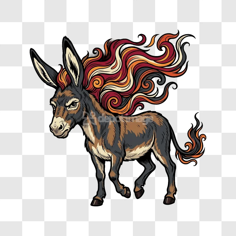 Donkey Flaming Mane Colorful Illustration Vector stylized vibrant art black background