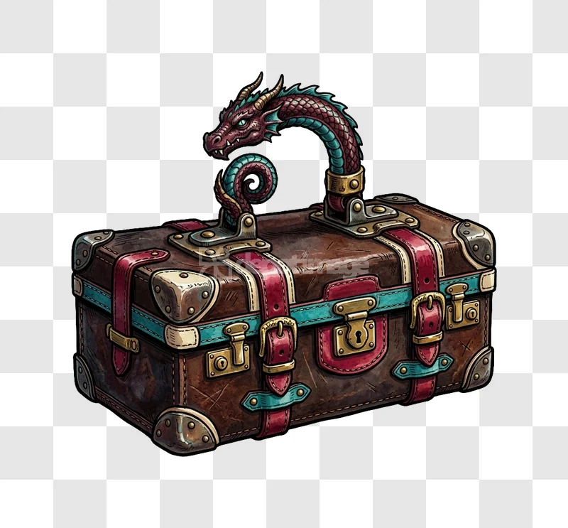 Dragon Handle Steampunk Suitcase Illustration brown red teal metallic