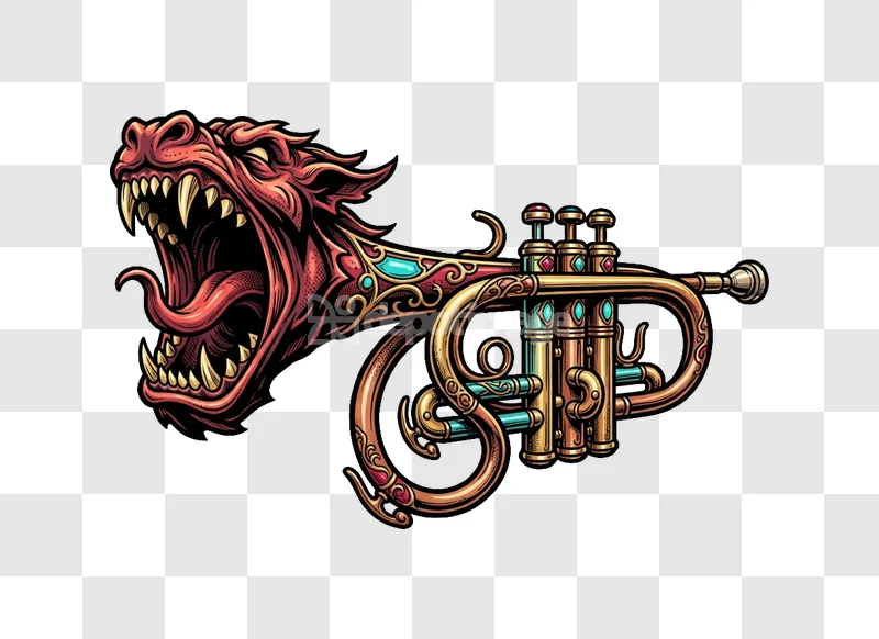 Dragon Head Trumpet Fantasy Illustration red ornate golden instrument