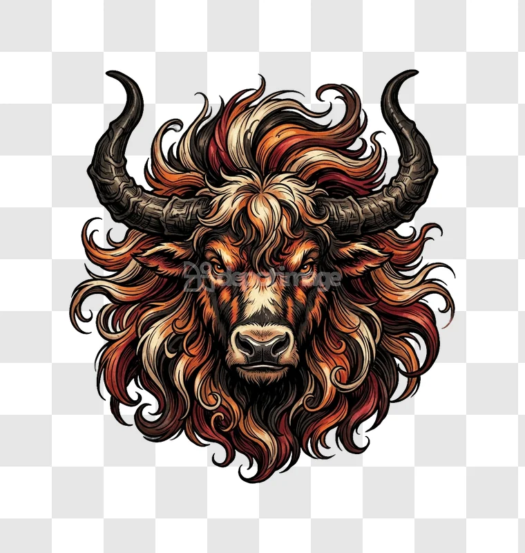 Fierce Bull Face Colorful Mane Illustration