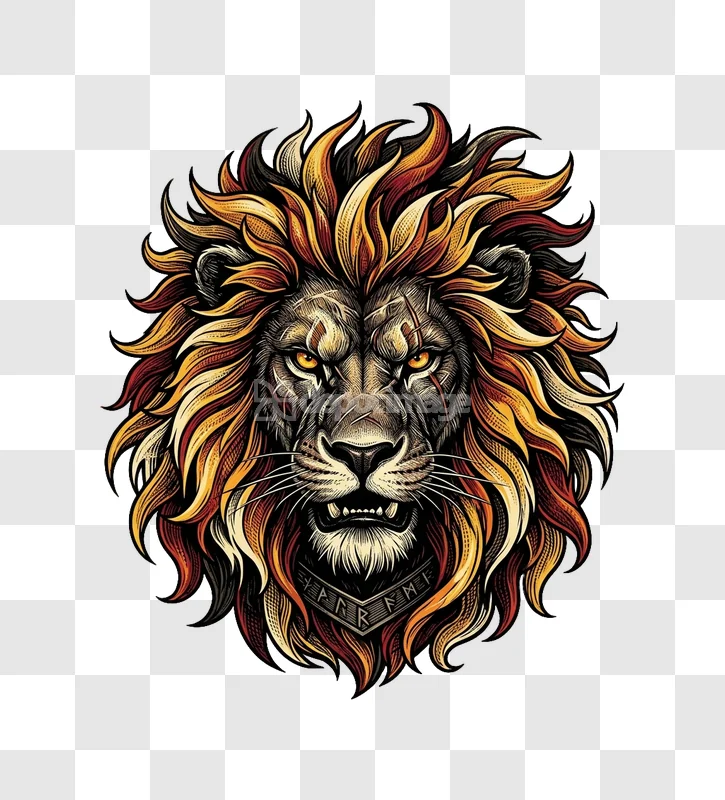 Fierce Lion Head Cartoon Fiery Mane Runes