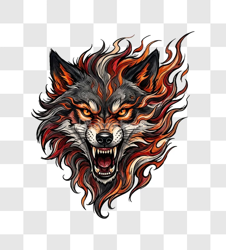 Fire Wolf Head Roaring Stylized Art