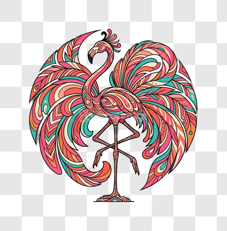 Flamboyant Flamingo Cartoon Art Illustration vibrant patterned wings pink orange teal