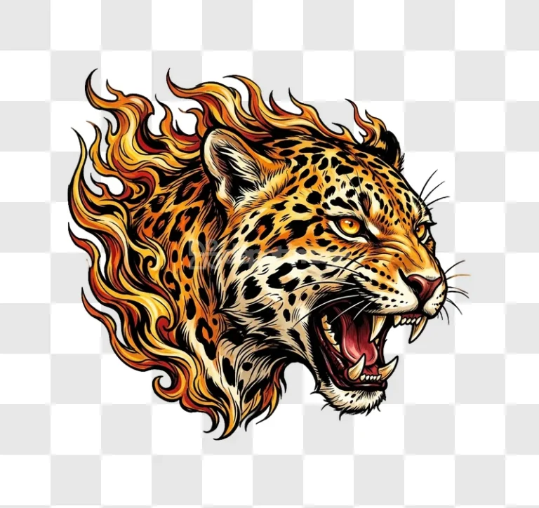 Flaming Leopard Head Vector Illustration Growl