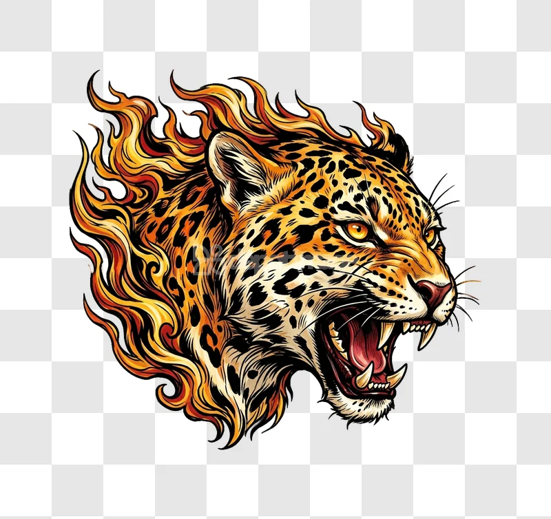 Flaming Leopard Head Vector Illustration Growl vibrant orange yellow flames black background