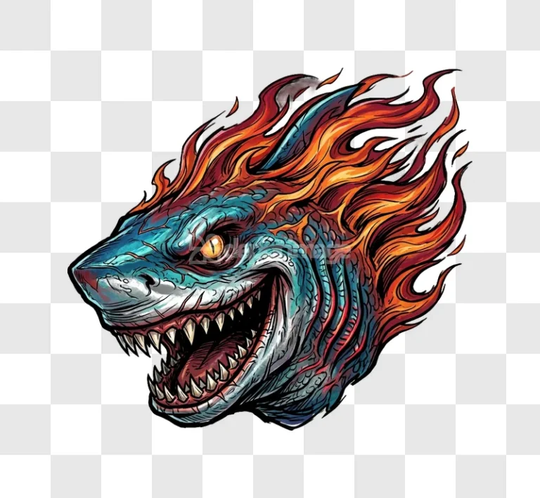 Flaming Shark Head Colorful Illustration
