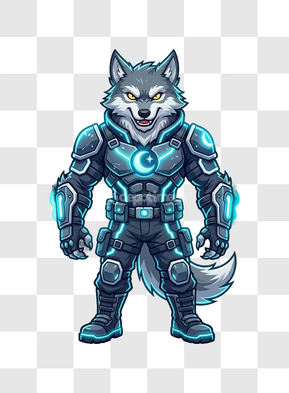 Gray Wolf Mascot Glowing Armor Cartoon Style