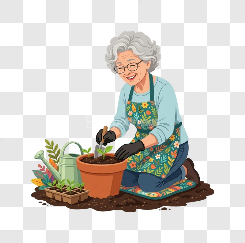 Happy Elderly Woman Gardening Planting Pot, cartoon style transparent background