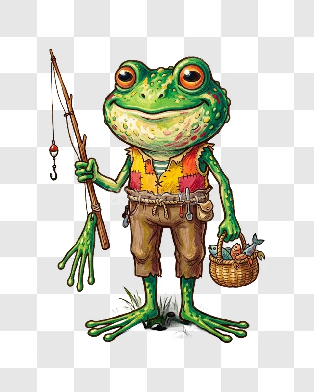 Happy Frog Fisherman Cartoon Illustration
