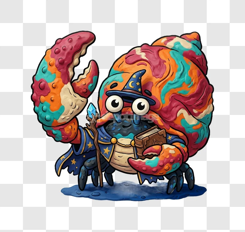 Hermit Crab Wizard Clay Art vibrant colorful claymation style transparent background
