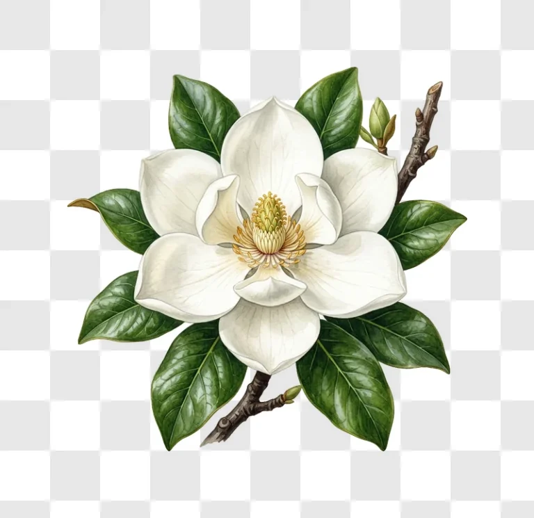 Magnolia Blossom Green Leaves Botanical Art