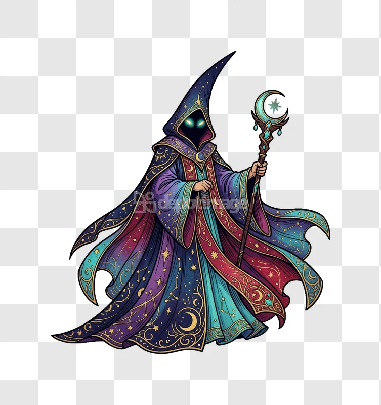 Mystic Wizard Starry Robe Glowing Eyes