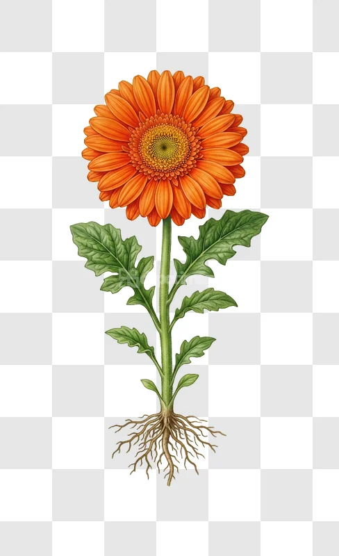 Orange Gerbera Daisy Roots Leaves Full