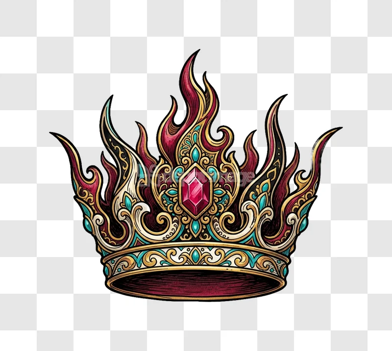 Ornate Flaming Crown Colorful Illustration intricate gold red turquoise transparent background