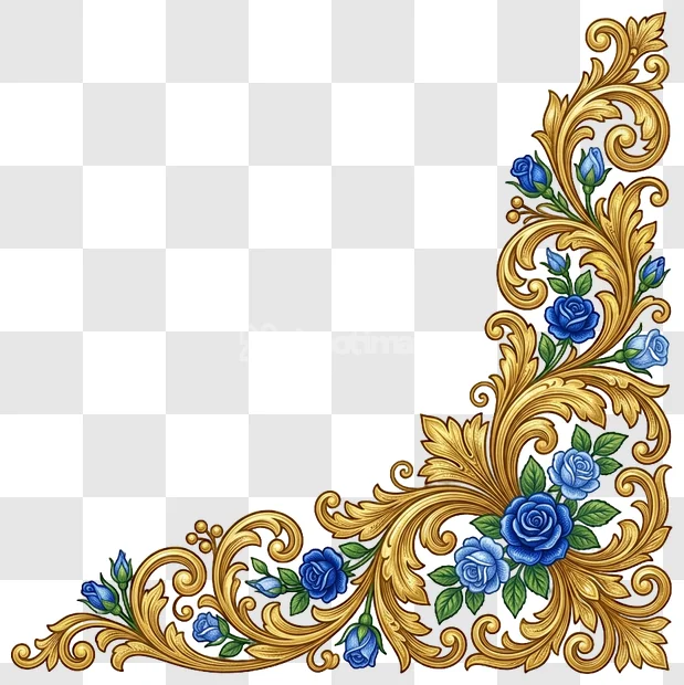 Ornate Gold Foliage Blue Roses Corner