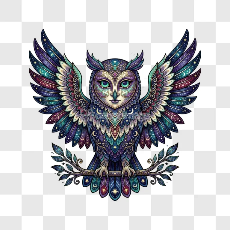 Ornate Mythical Owl Colorful Illustration Art