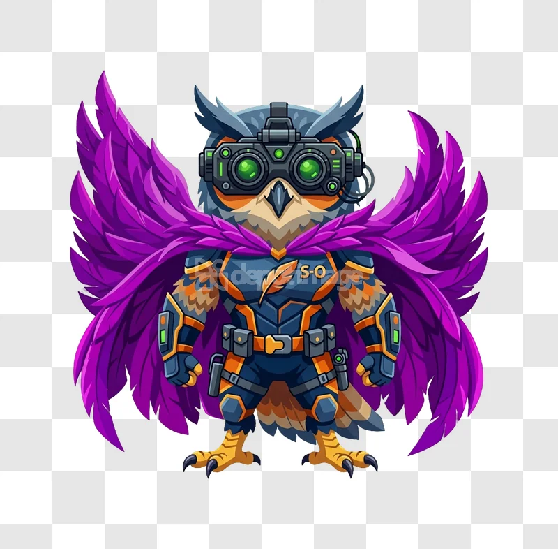 Owl Superhero Cape Goggles stylized cartoon purple cape green goggles