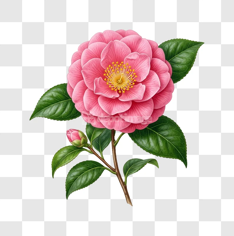 Pink Camellia Flower Bud Nature Closeup detailed pink bloom green leaves