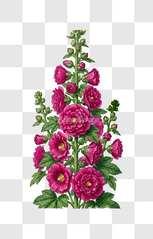 Pink Hollyhock Blossoms Green Stem Illustration