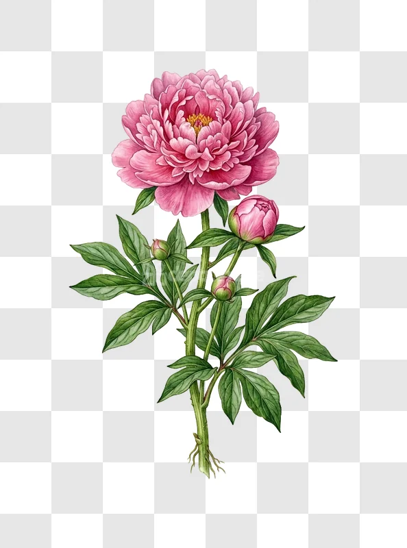 Pink Peony Flower Botanical Illustration
