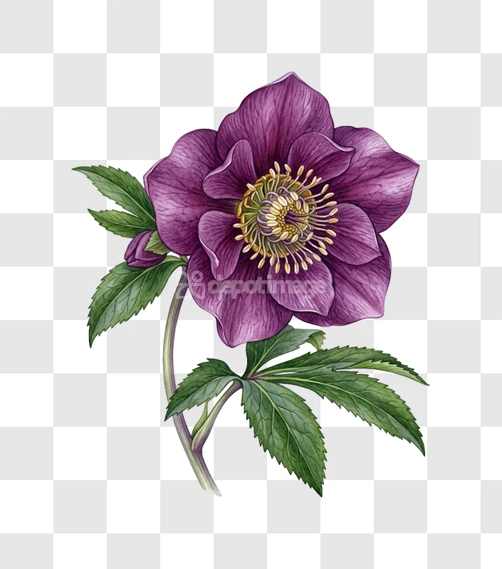 Purple Hellebore Flower Green Leaves Detail