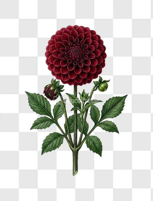 Red Dahlia Flower Buds Green Leaves Botanical