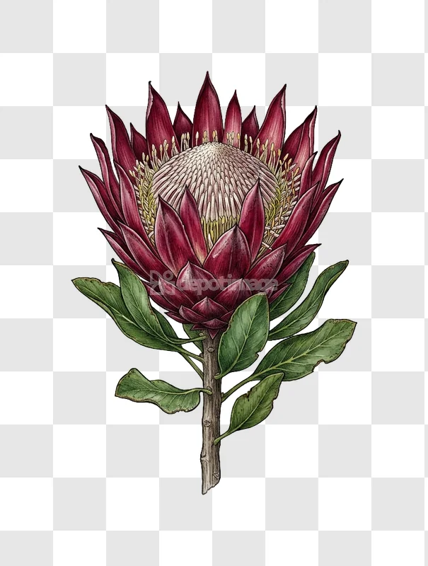 Red Protea Flower Botanical Illustration Green Leaves