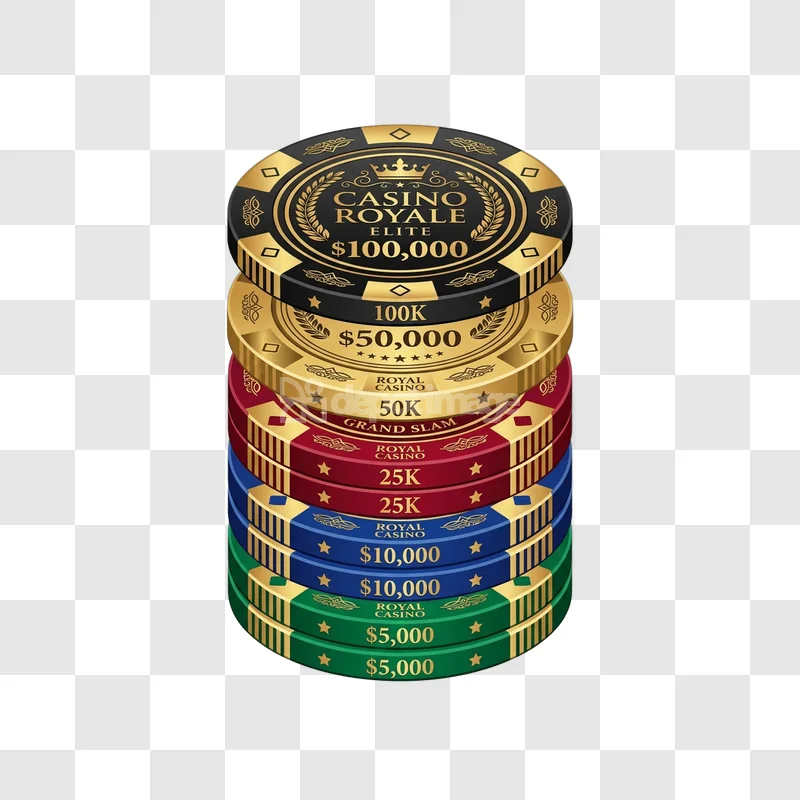 Stack Casino Chips Gold Black Red Blue Green realistic 3D render transparent background