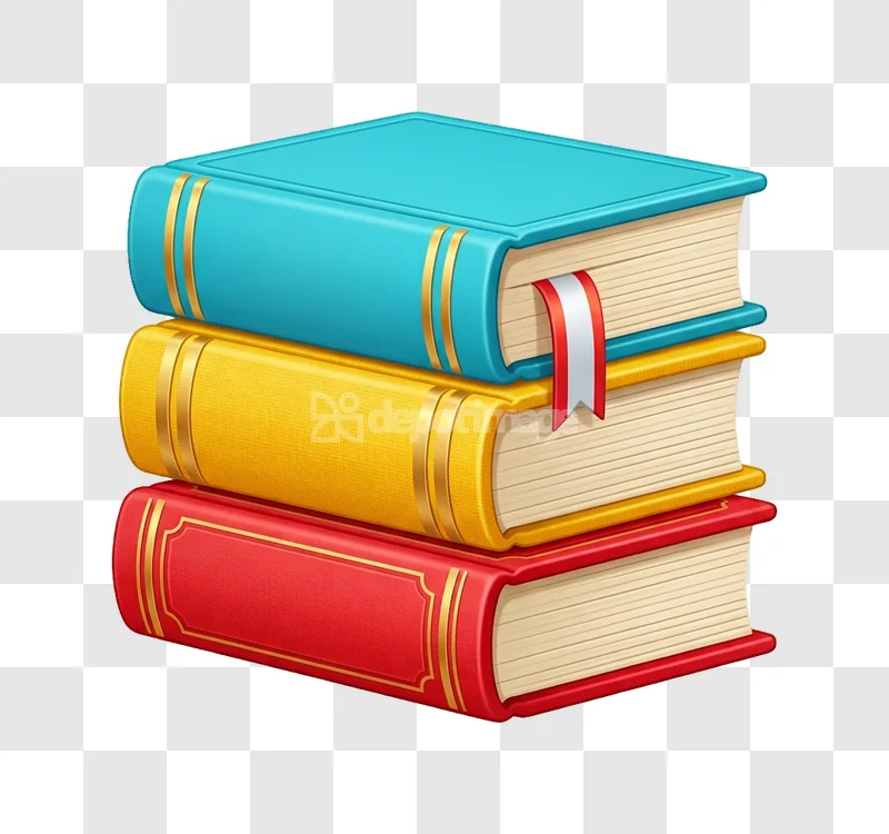 Stack of Three Colorful Books Bookmark vibrant cartoon style with gold accents