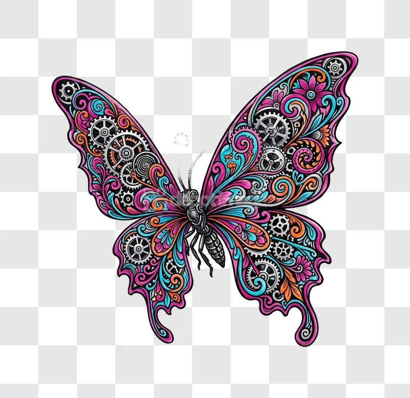 Steampunk Butterfly Colorful Gears Filigree vibrant mechanical insect transparent PNG