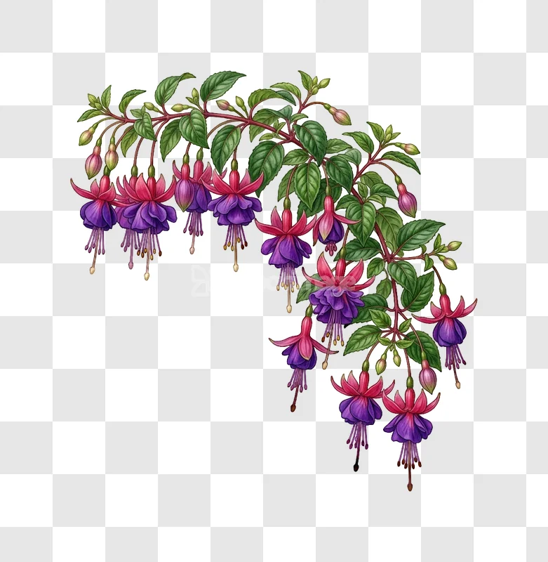Vibrant Fuchsia Blooms Leafy Vine Nature detailed illustration transparent background