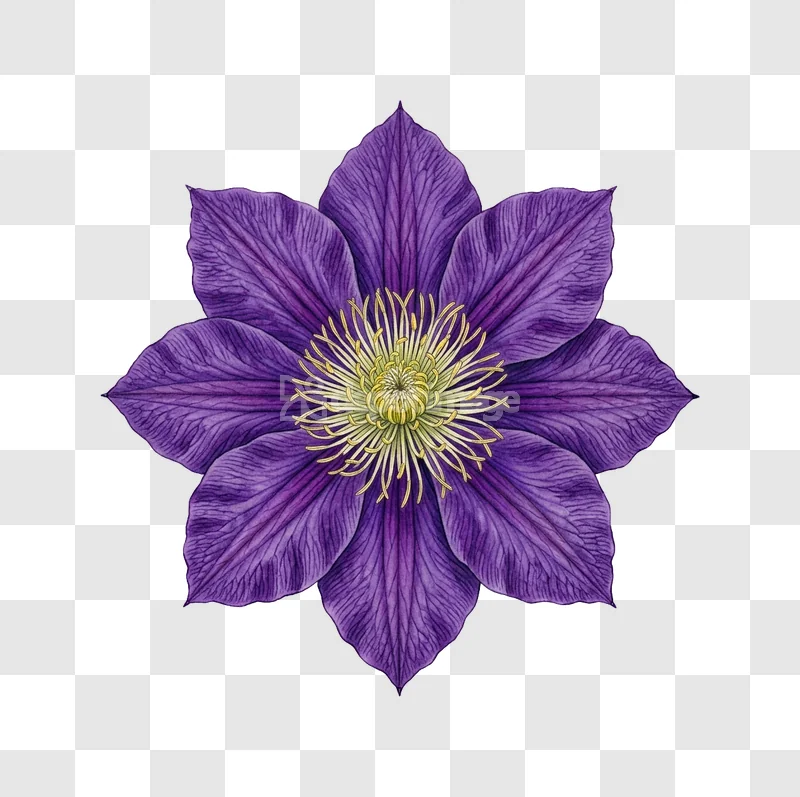 Vibrant Purple Clematis Flower Petals detailed illustration transparent background