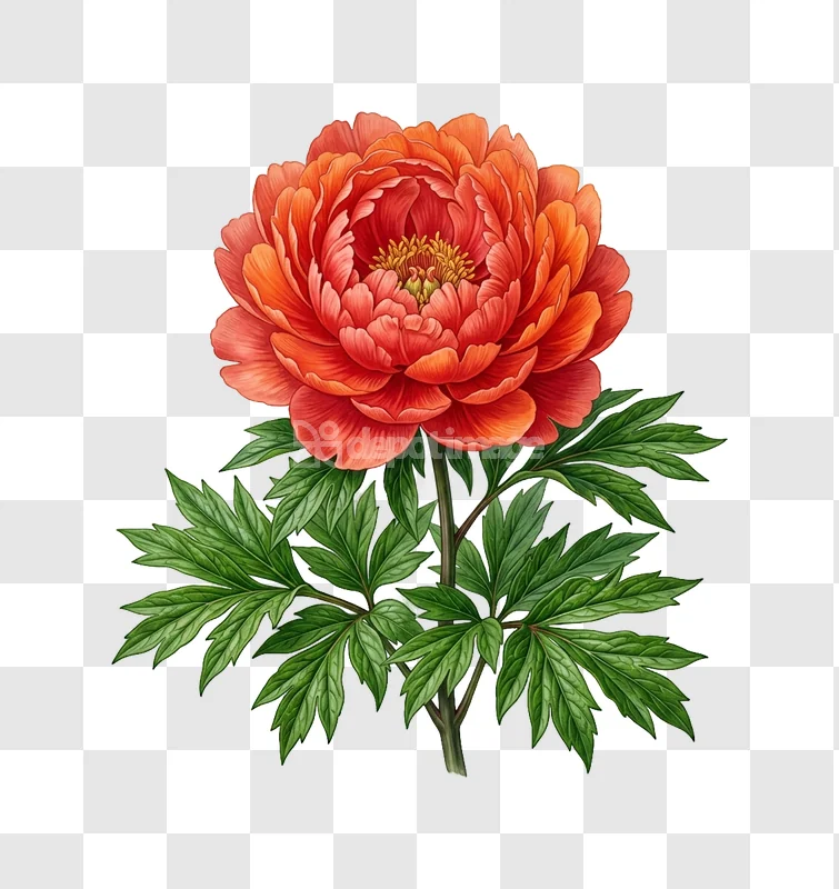 Vibrant Red Peony Blossom Green Leaves