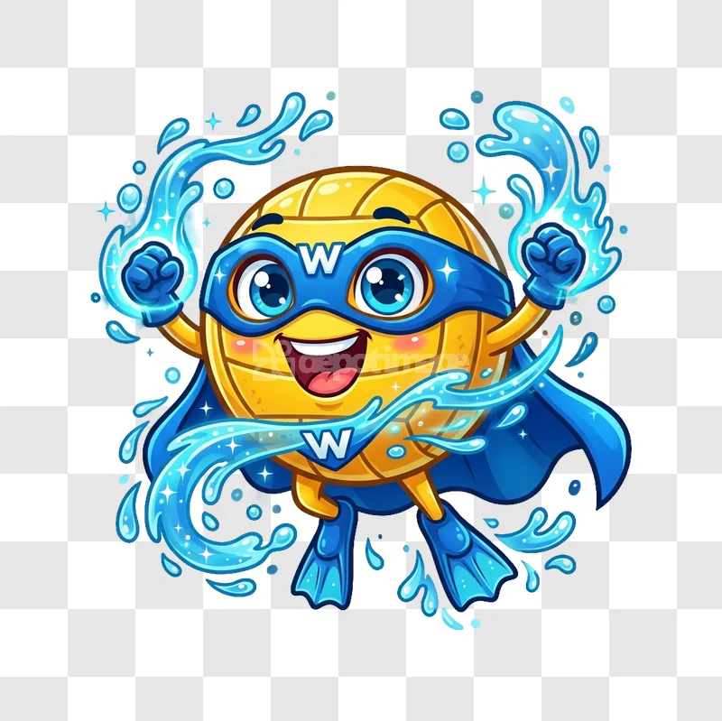 Water Polo Ball Superhero Mascot Cartoon Water vibrant blue yellow cartoon transparent